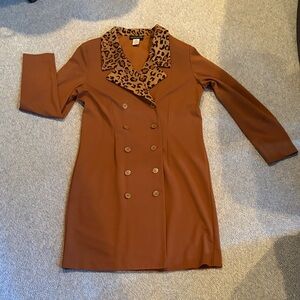 Brown Double-Breasted Dress with Leopard Collar